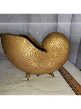MCM Solid Brass Nautilus Shell Planter With Tripod Legs Heavy Mid Century Modern